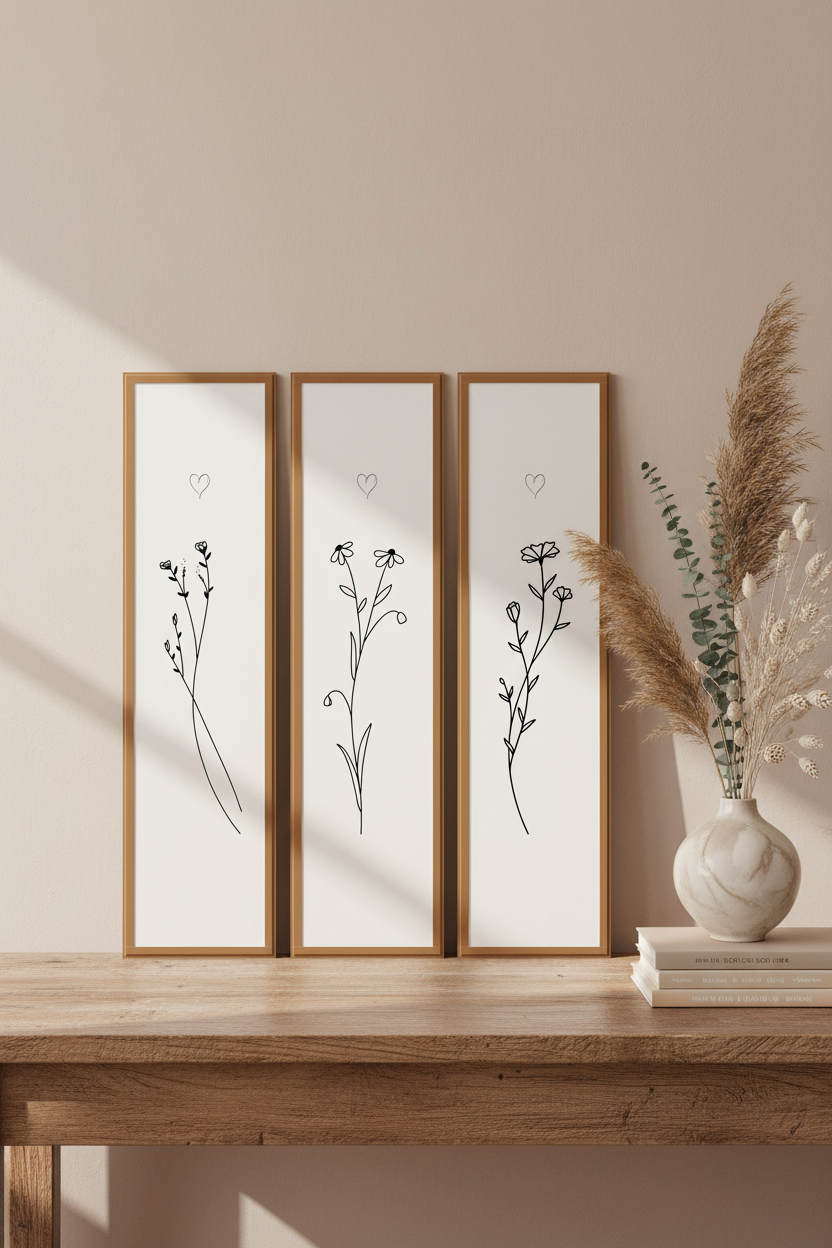 Wildflower Line Art Triptych | Instant Download Printable Art